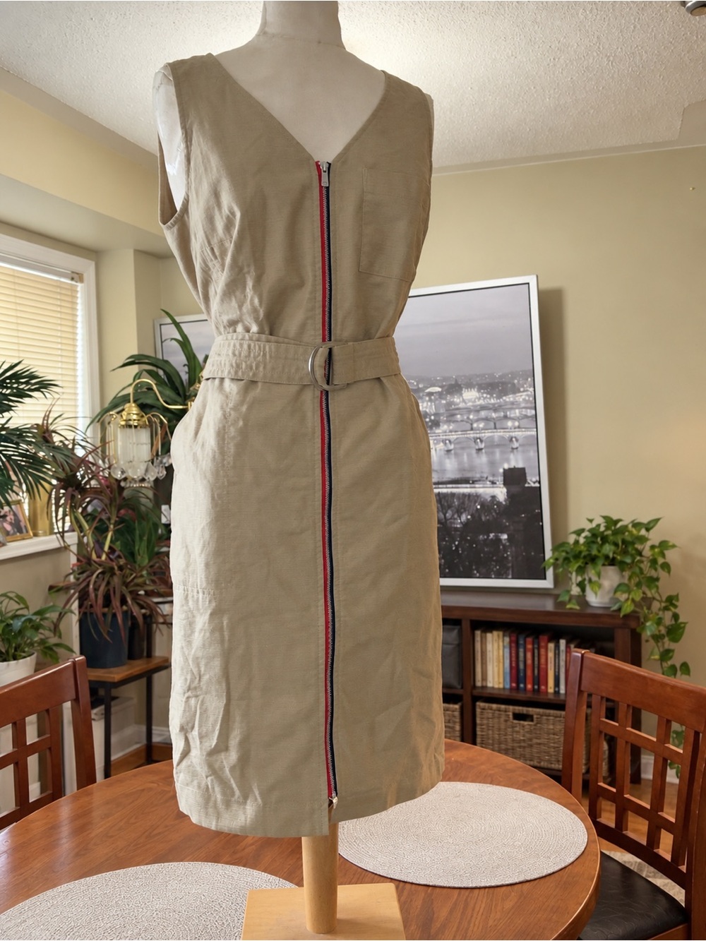 Tommy Hilfiger Khaki Midi Dress with Red & Navy Zip Trim
